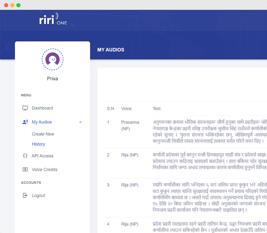 RIRI Nepali Text-to-speech Dashboard Screenshot